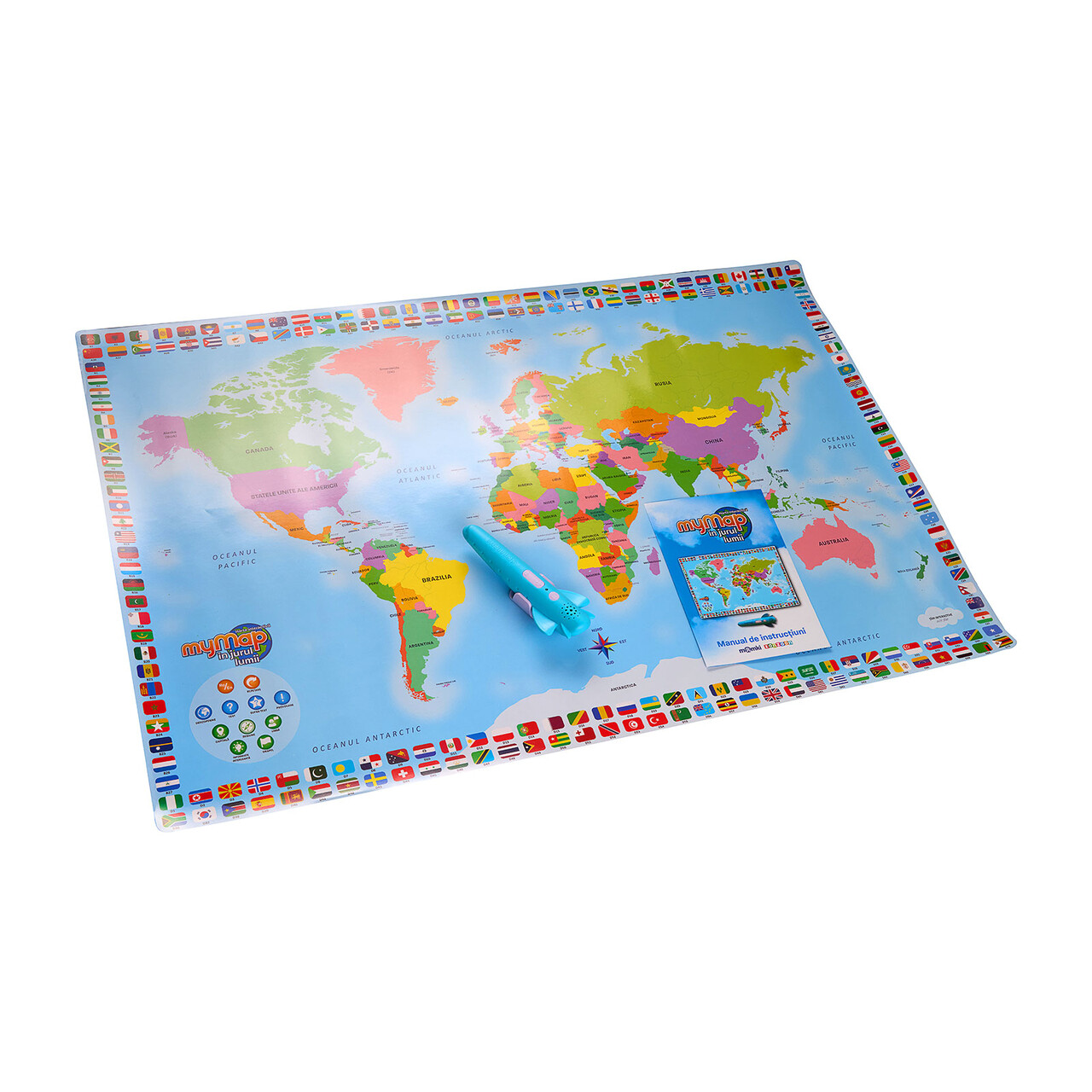 Harta interactiva a lumii bilingv romana + creion interactiv Momki, 90x60 cm, plastic, multicolor - imagine 7